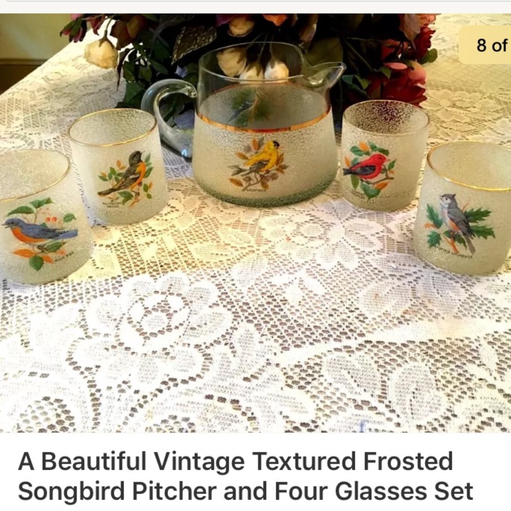 Vintage Textured Frosted Songbird Pitcher 4 Glasse - Picture 8 of 8